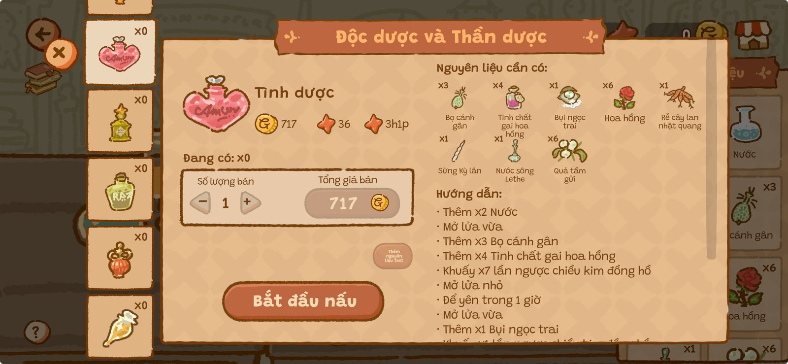 Potion recipe UI — Tình dược